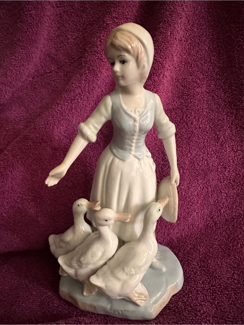 Porcelain Lady Feeding Ducks Figurine Vintage  8 1/2” Tall  P213 1970’s Signed